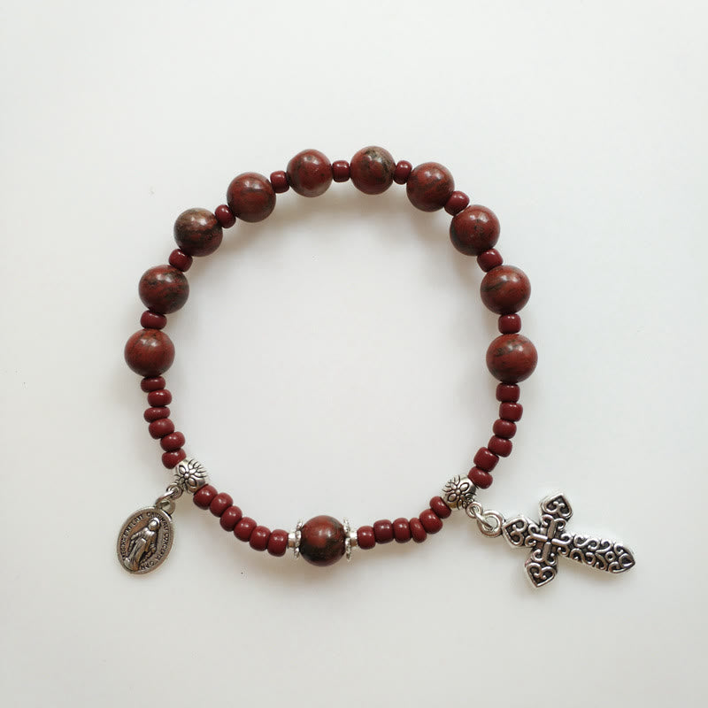 christiandiscipleshop Miraculous Medal & Cross Natural Stone Rosary Bracelet