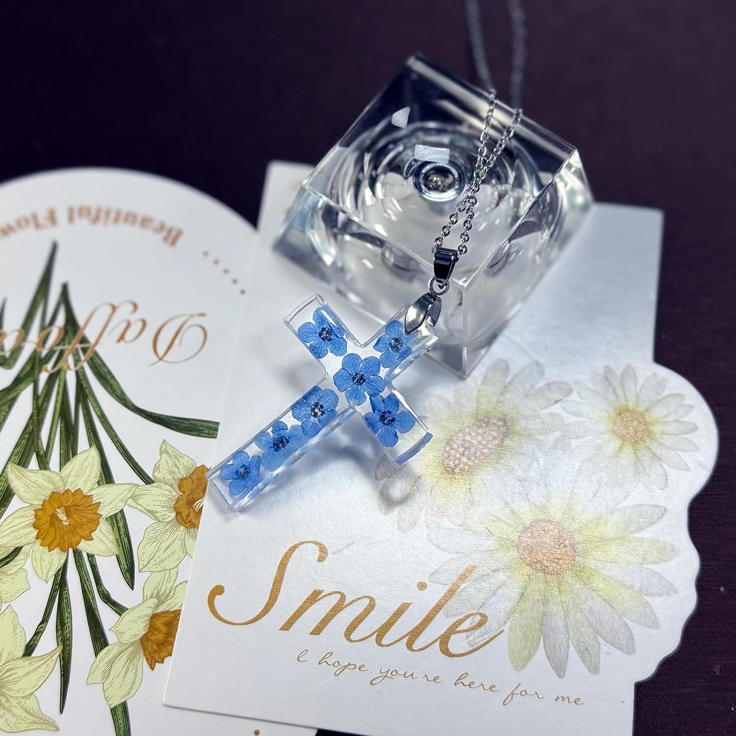 Christiandiscipleshop Fresh Style Natural Real Dried Flower Cross Necklace