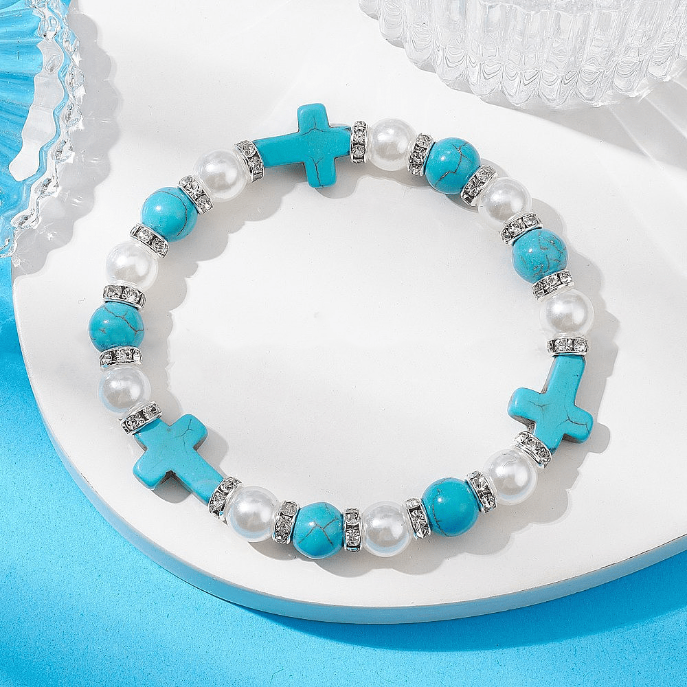 Christiandiscipleshop Pearl & Turquoise Cross Healing Energy Bracelet