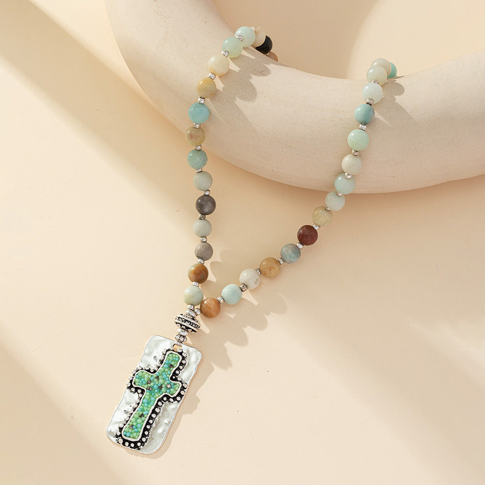 Christiandiscipleshop Natural Stone Cross Handmade Beaded Necklace Jewelry