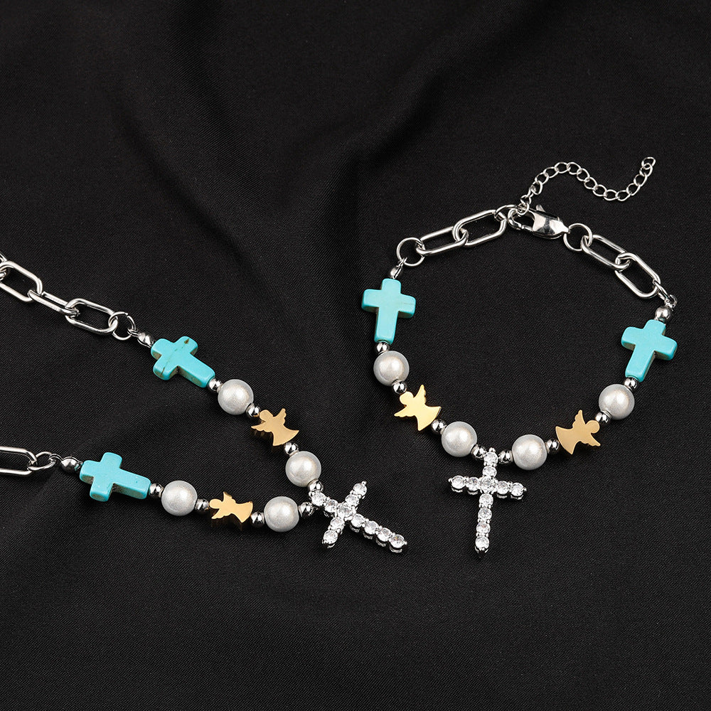 christiandiscipleshop Hand-Crafted Turquoise Zircon Cross Titanium Bracelet/Necklace