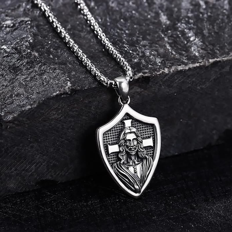 christiandiscipleshop Vintage Shield Patron Saint Jesus Necklace