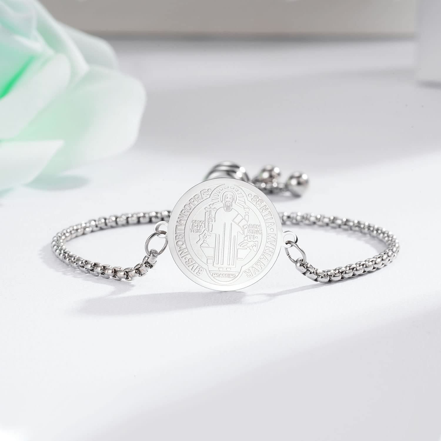 Christiandiscipleshop St. Benedict Engraved Medal  Adjustable Bracelet