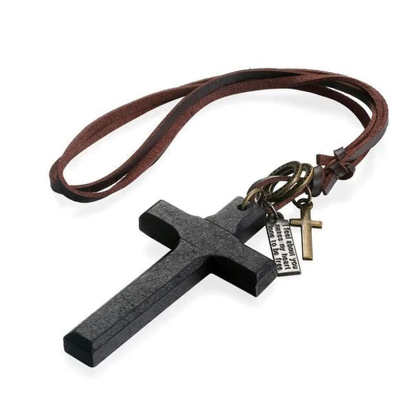 christiandiscipleshop Vintage Wood Cross Adjustable Leather Necklace