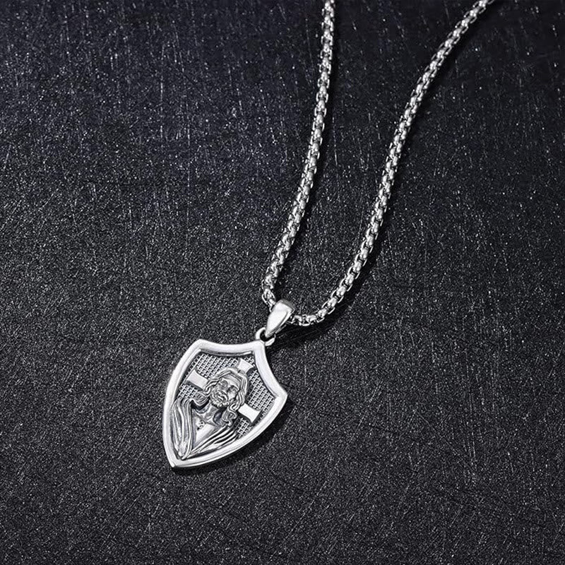 christiandiscipleshop Vintage Shield Patron Saint Jesus Necklace