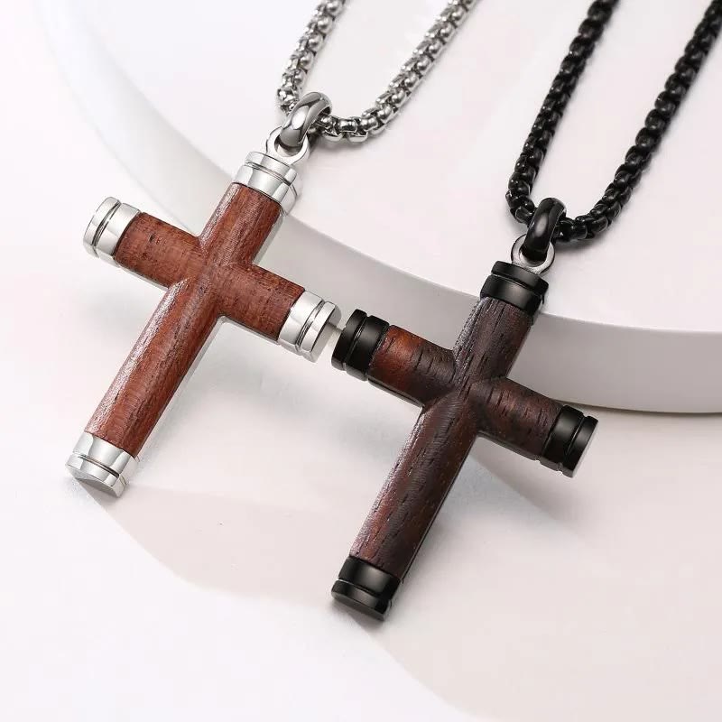 Christiandiscipleshop Pearwood Wooden Cross Pendant Titanium Necklace