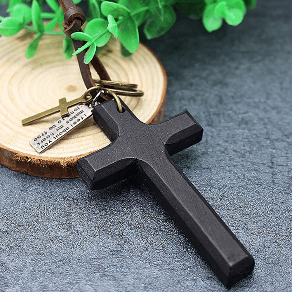 christiandiscipleshop Vintage Wood Cross Adjustable Leather Necklace