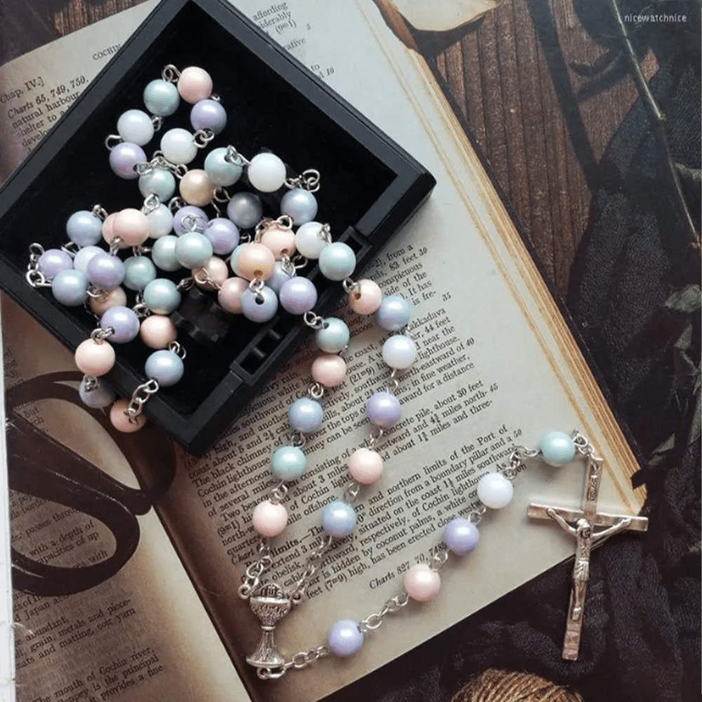 christiandiscipleshop Holy Grail & Crucifix of 8 mm Round Multicolor Acrylic Alloy Chain Rosary