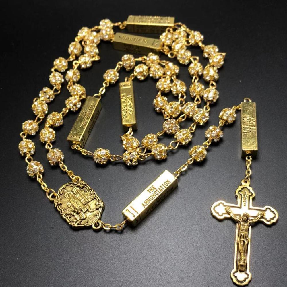 Christiandiscipleshop Our Lady of Fátima & Crucifix of 8 mm Round Golden Metal Gems Alloy Chain Rosary