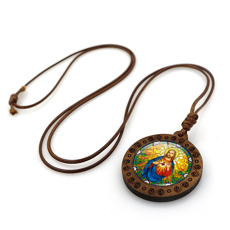 christiandiscipleshop Jesus Sacred Heart Time Gemstone Wood Pendant Necklace