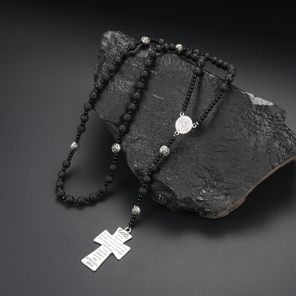 Christiandiscipleshop St. Benedict Medal & Cross of 8 mm Round Black Volcanic Stone Nylon Cord Rosary