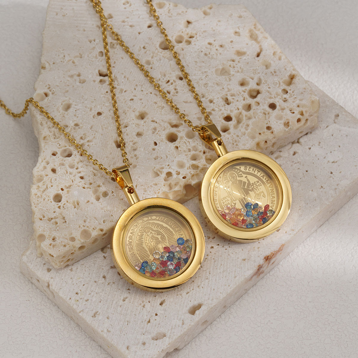 Christiandiscipleshop Gold Round Reversible Necklace: Our Lady and St. Benedict