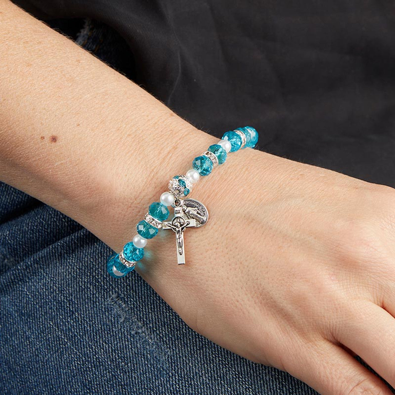 Christiandiscipleshop Crystal Beads Stretch Bracelet with Crucifix and Miraculous Medal