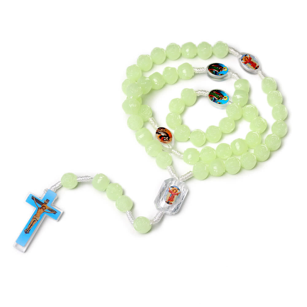 Christiandiscipleshop Crucifix of 10 mm Rose Luminous Green Resin Nylon Cord Rosary