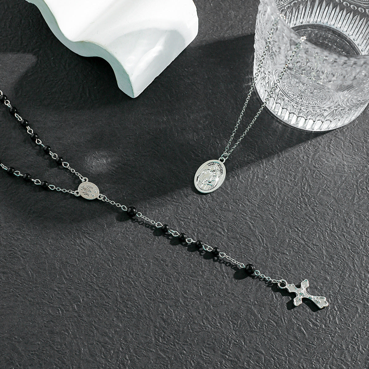 christiandiscipleshop Layered Cross Black Bead Necklace