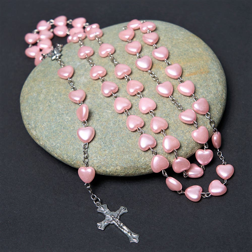 Christiandiscipleshop Our Lady of Fátima & Crucifix of 10 mm Heart Pink Acrylic Alloy Chain Rosary
