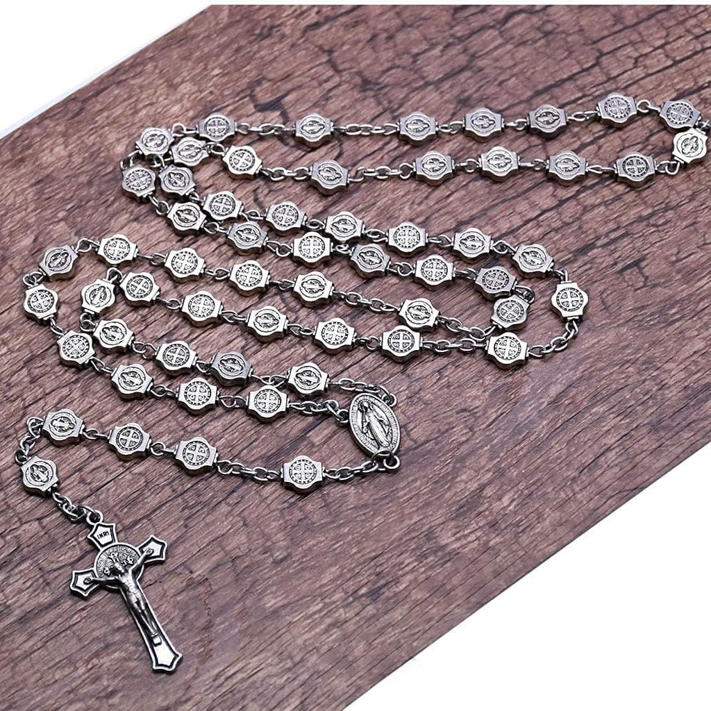 Christiandiscipleshop St. Benedict Medal & Crucifix of 8 mm Polyhedron Silver Metal Alloy Chain Rosary