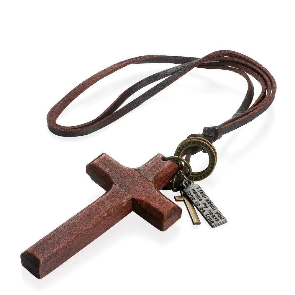 christiandiscipleshop Vintage Wood Cross Adjustable Leather Necklace