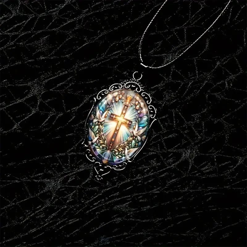 Christiandiscipleshop Retro Style Cross & Holy Dove Glass Pendant Necklace