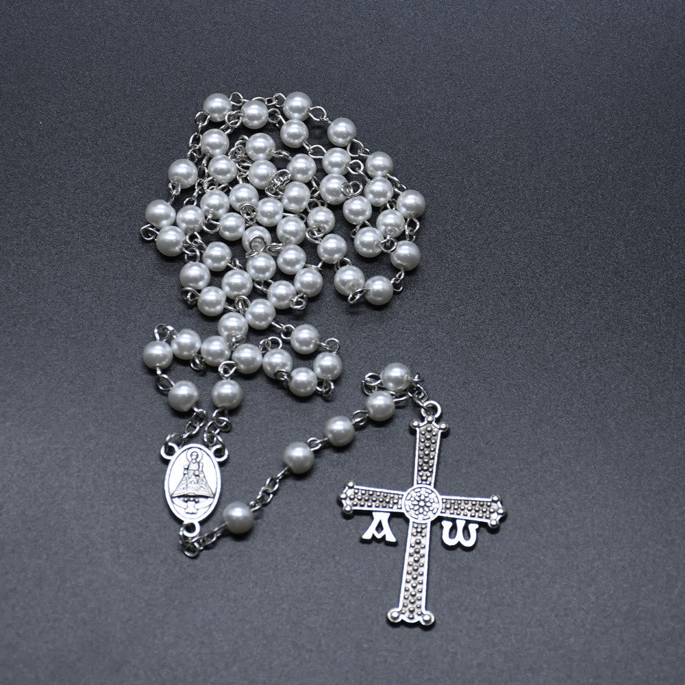 Christiandiscipleshop San Juan del Valle Medal & Cross of 6 mm Round White Glass Alloy Chain Rosary