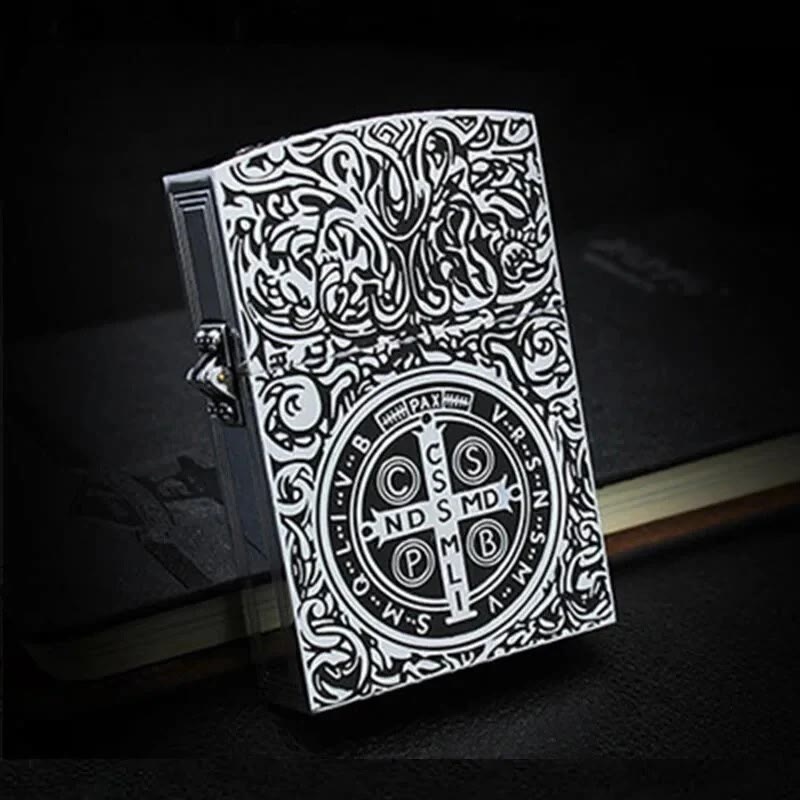 Carved St. Benedict Cross Medallion Solid Metal Cigarette Lighter