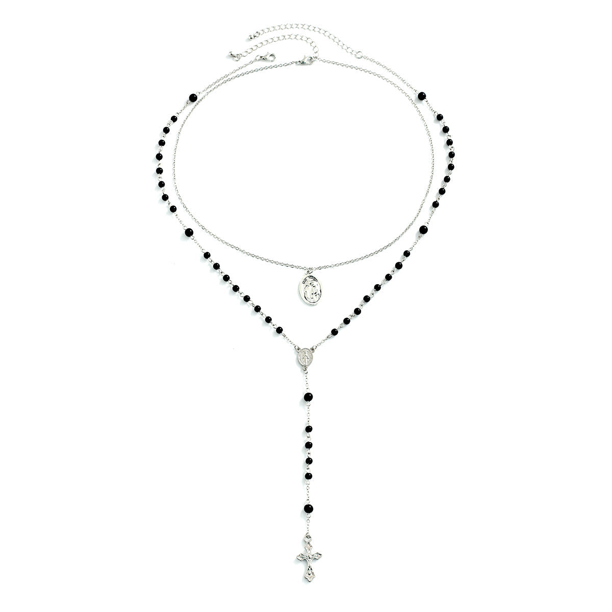 christiandiscipleshop Layered Cross Black Bead Necklace