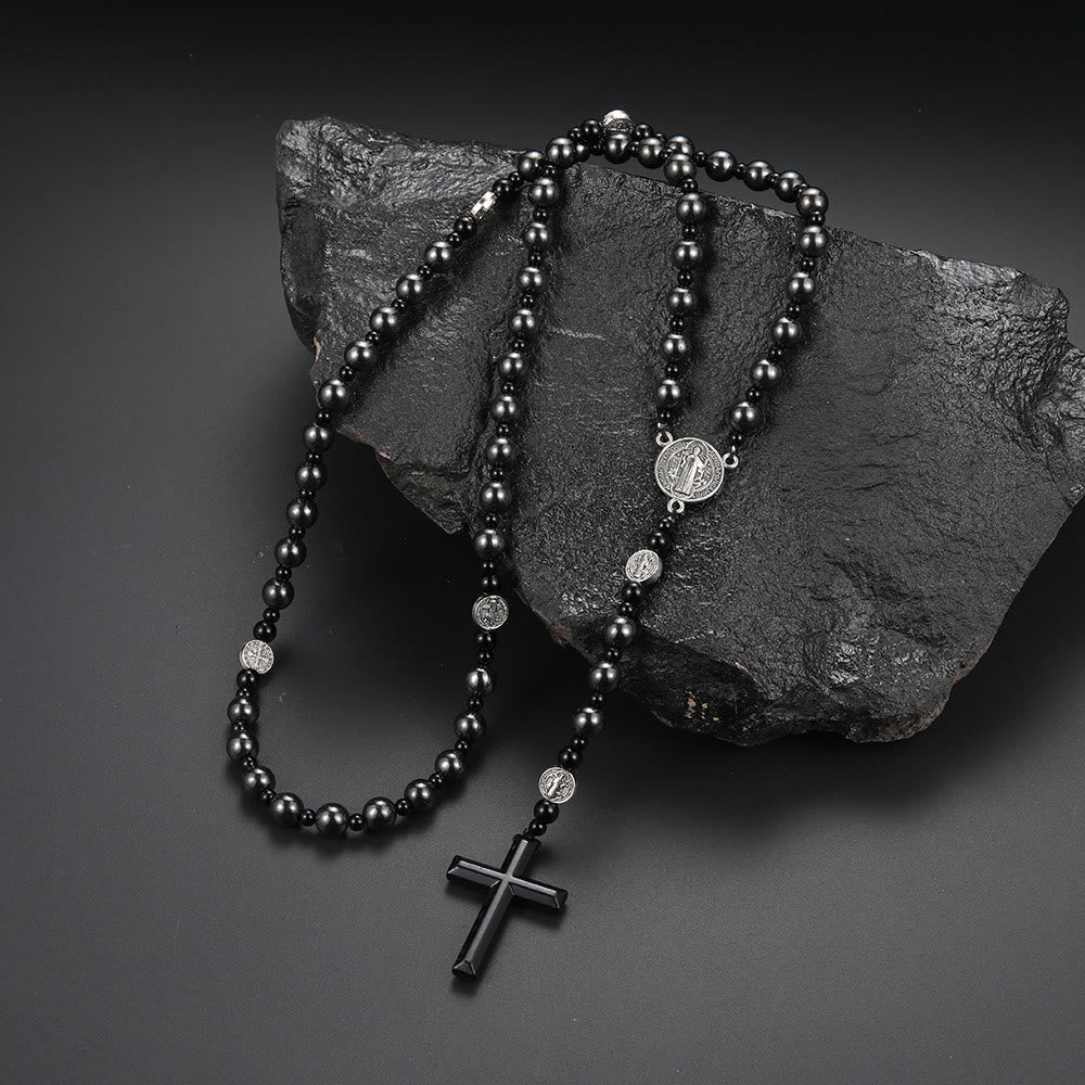 Christiandiscipleshop St. Benedict Medal & Cross of 8 mm Round Black Multi-material Nylon Cord Rosary