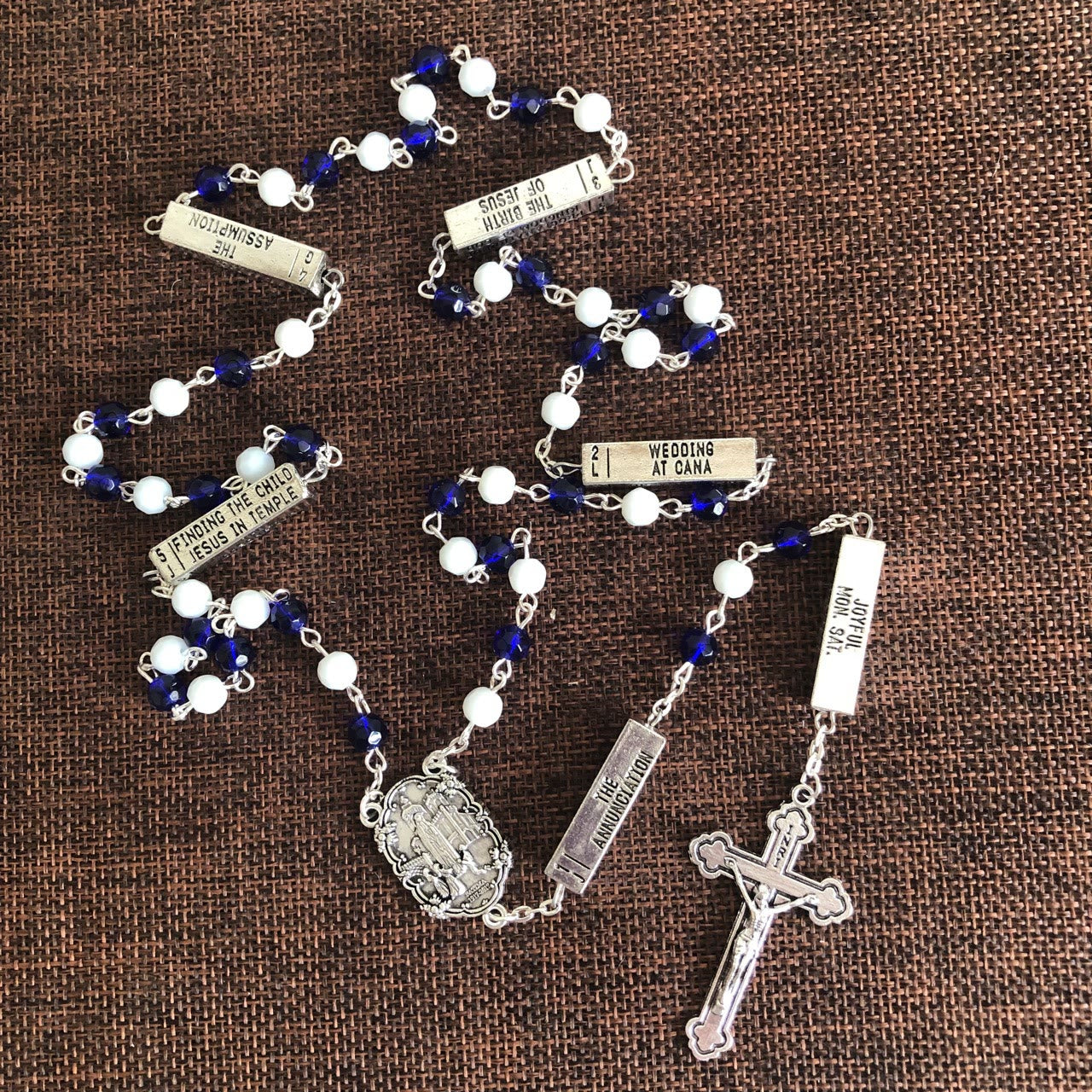 Blue & White Glass Beads Crucifix Jesus Rosary