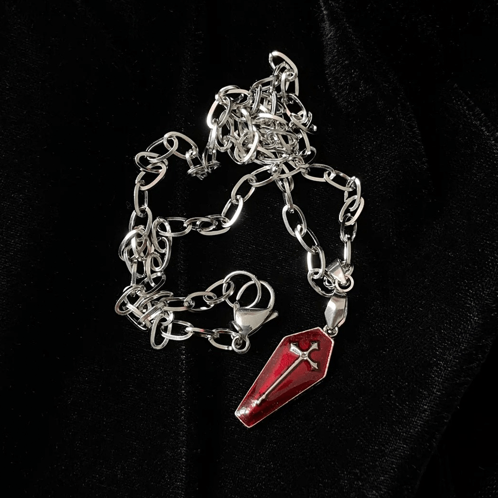 Christiandiscipleshop Gothic Style Red Enamel Halloween Vampire Coffin Cross Necklace