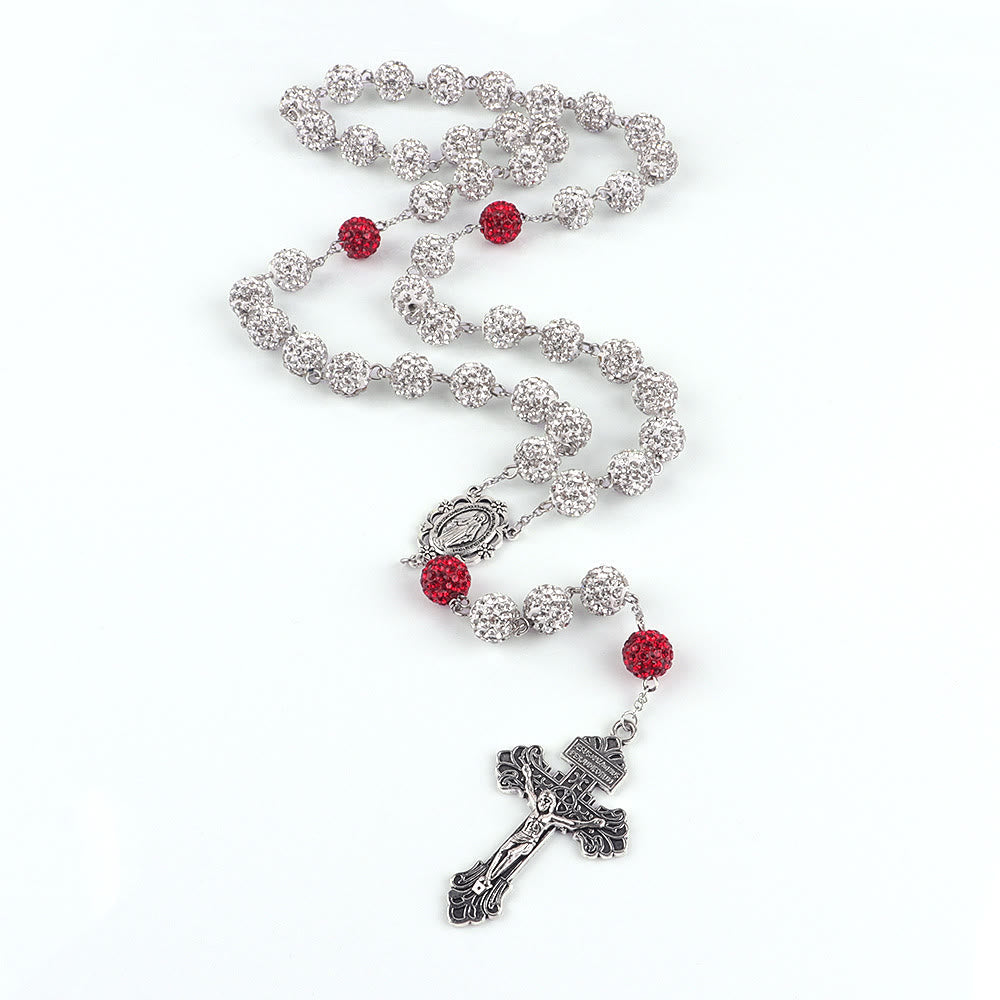 christiandiscipleshop Miraculous Medal & Crucifix of 8 mm Round Silver Metal Gems Alloy Chain Rosary