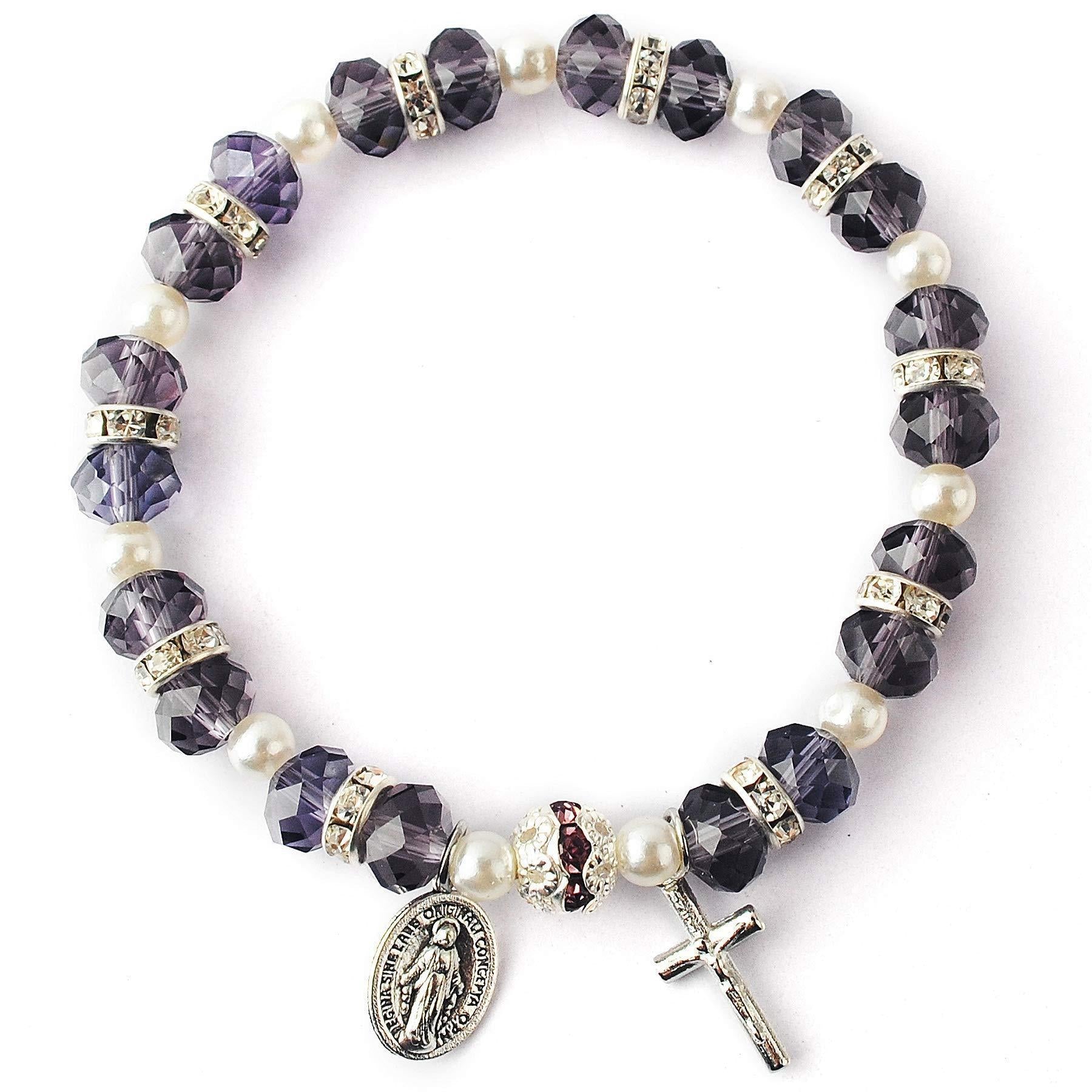 Christiandiscipleshop Crystal Beads Stretch Bracelet with Crucifix and Miraculous Medal
