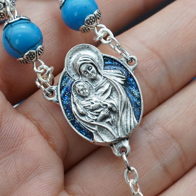 Christianartworkshop Blue Turquoise Christ Prayer Rosary with Mary & Baby Jesus Medal