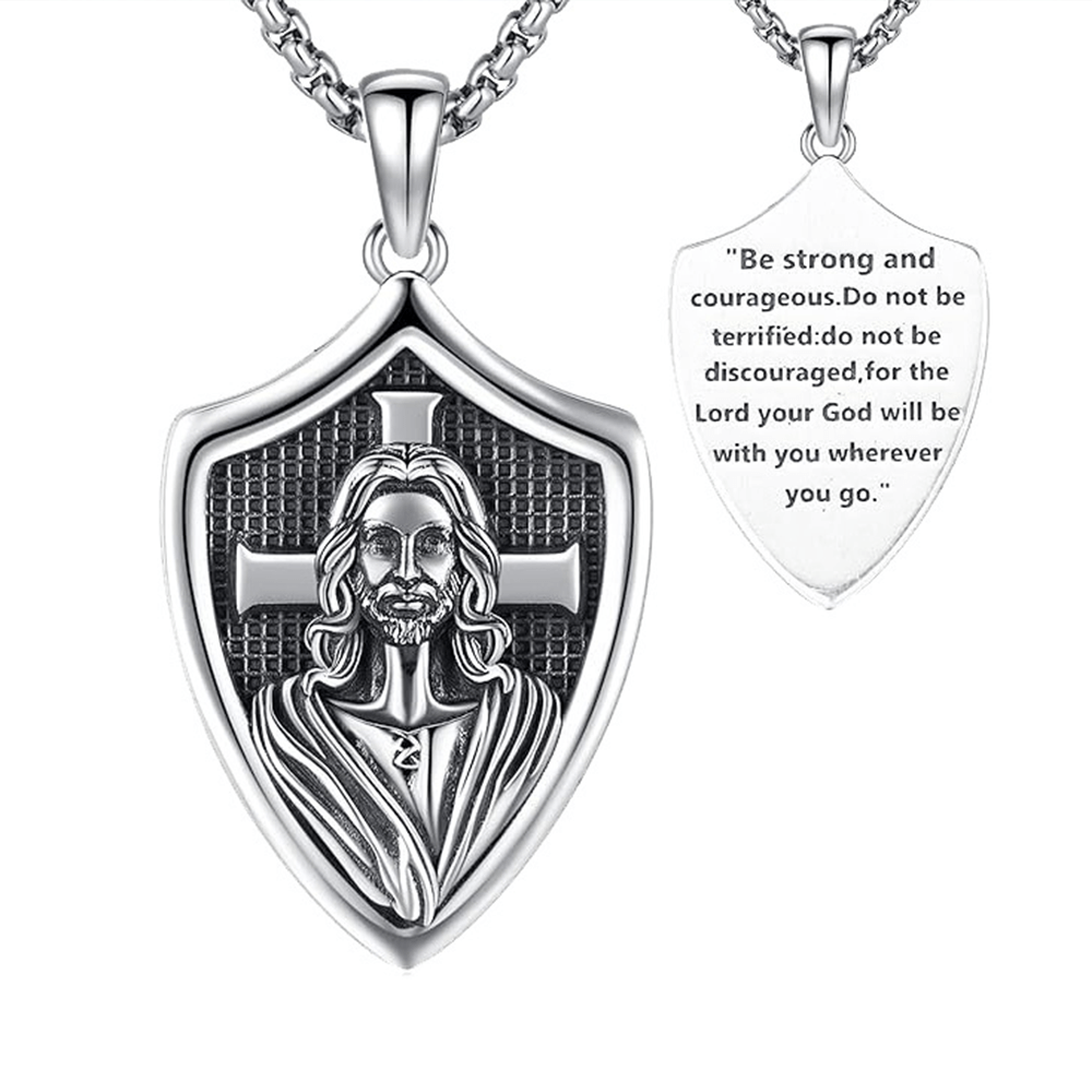 christiandiscipleshop Vintage Shield Patron Saint Jesus Necklace