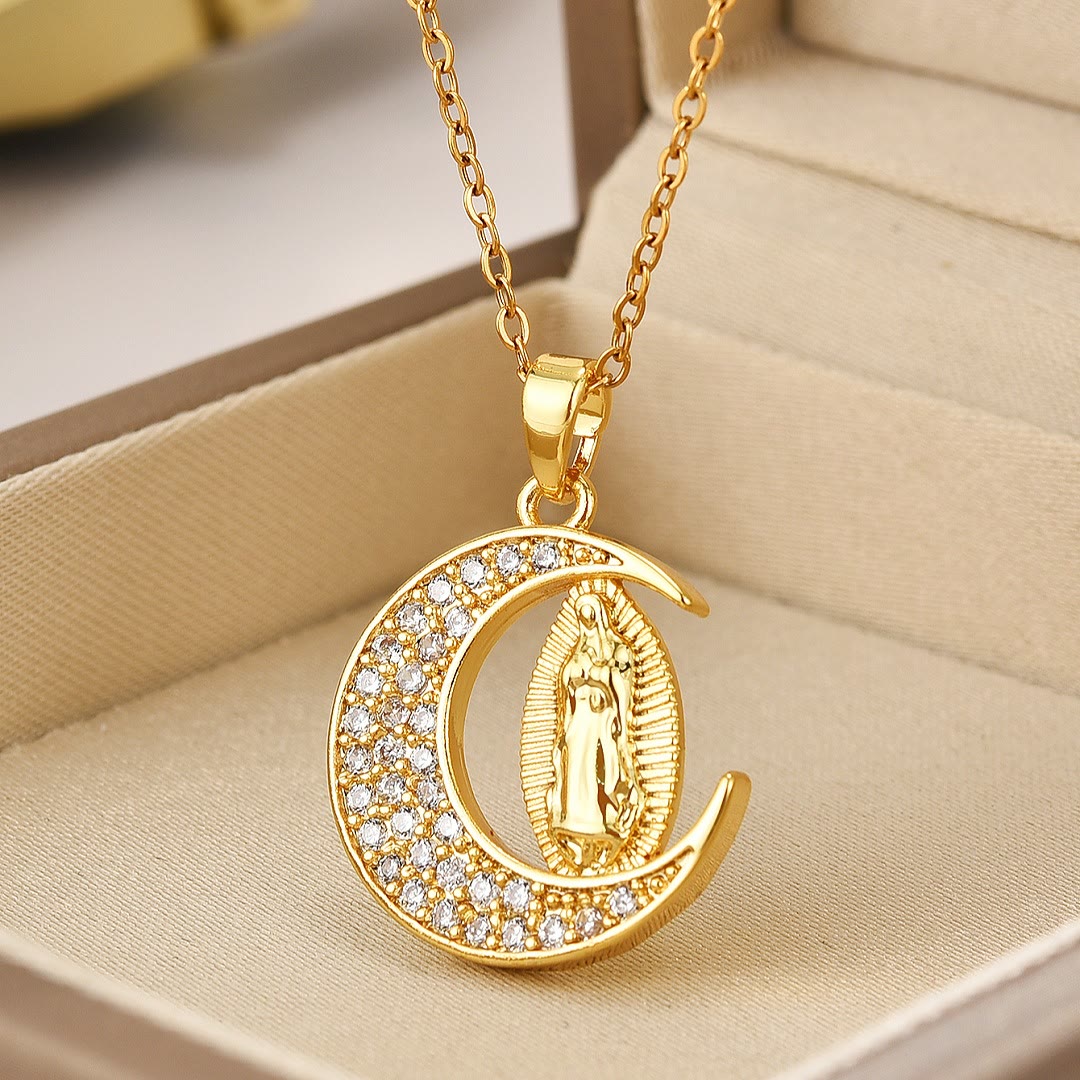 christiandiscipleshopthe Crescent Moon Our Lady of Guadalupe Maria Golden Necklace