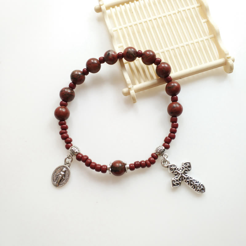 christiandiscipleshop Miraculous Medal & Cross Natural Stone Rosary Bracelet