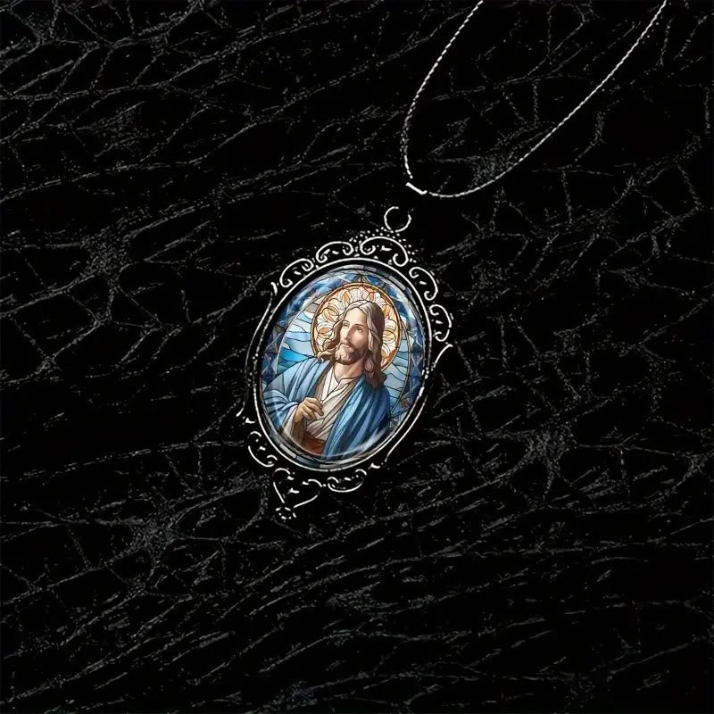 Christiandiscipleshop Retro Lace Oval Jesus Glass Pendant Necklace