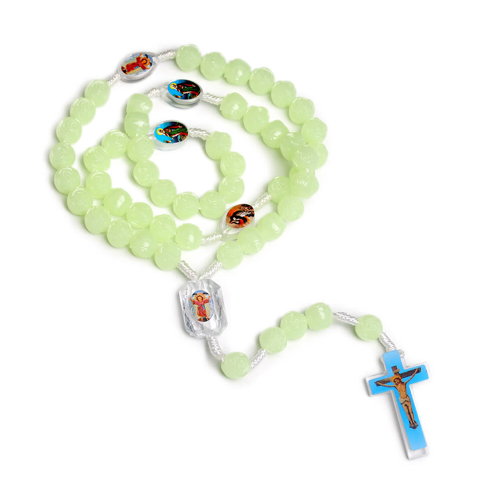 Christiandiscipleshop Crucifix of 10 mm Rose Luminous Green Resin Nylon Cord Rosary