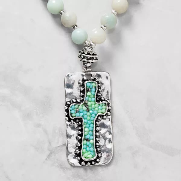 Christiandiscipleshop Natural Stone Cross Handmade Beaded Necklace Jewelry