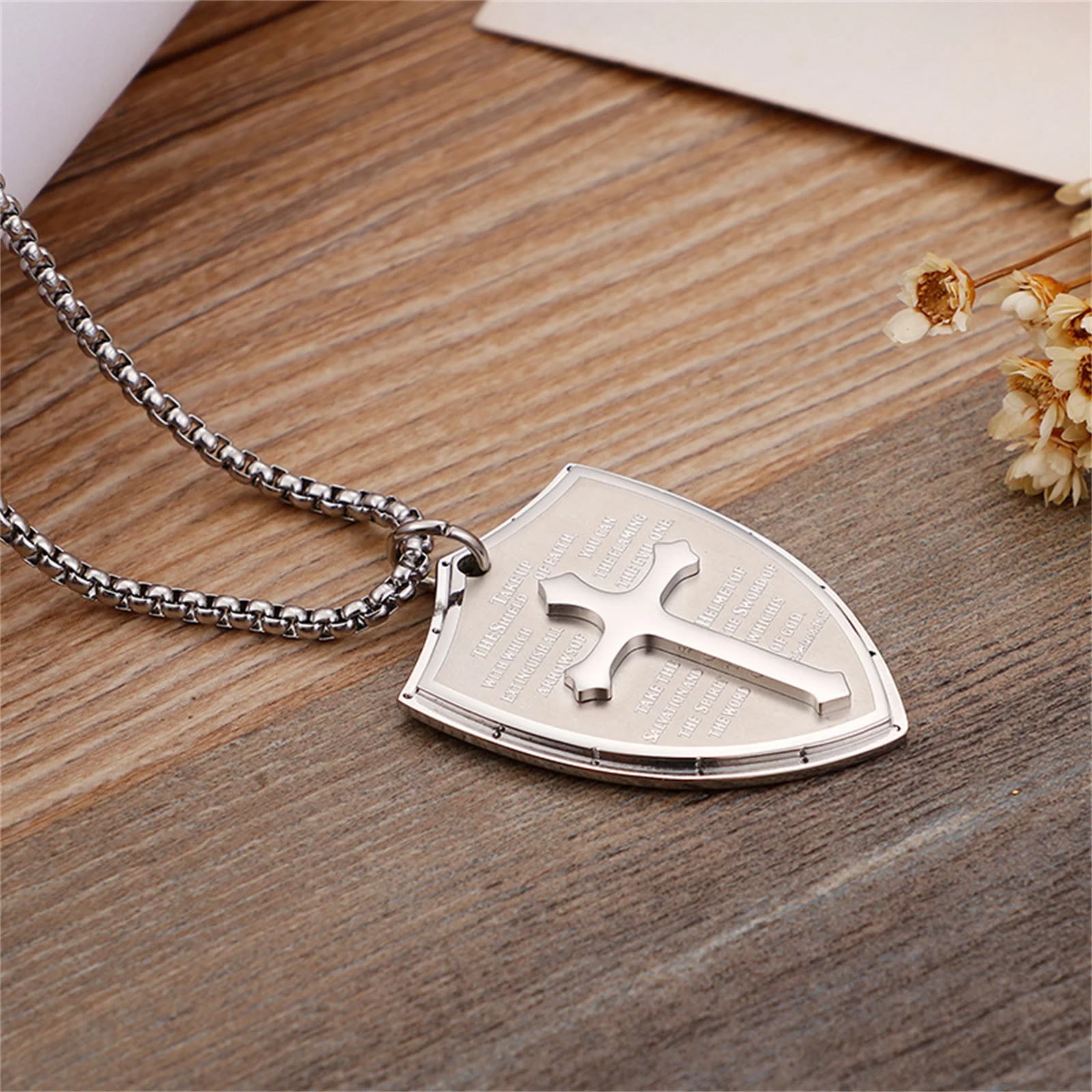 christiandiscipleshop Stainless Steel Lords Prayer Cross Shield Pendant Necklace