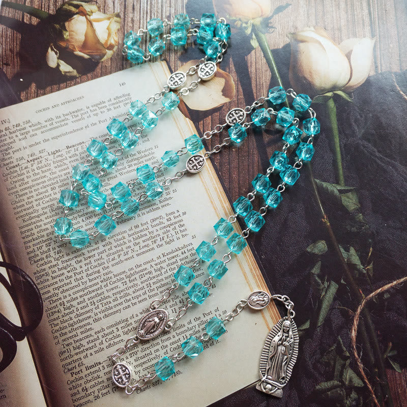 christiandiscipleshop Miraculous Medal & Our Lady of Guadalupe of 8 mm Polyhedron Blue Crystal Alloy Chain Rosary