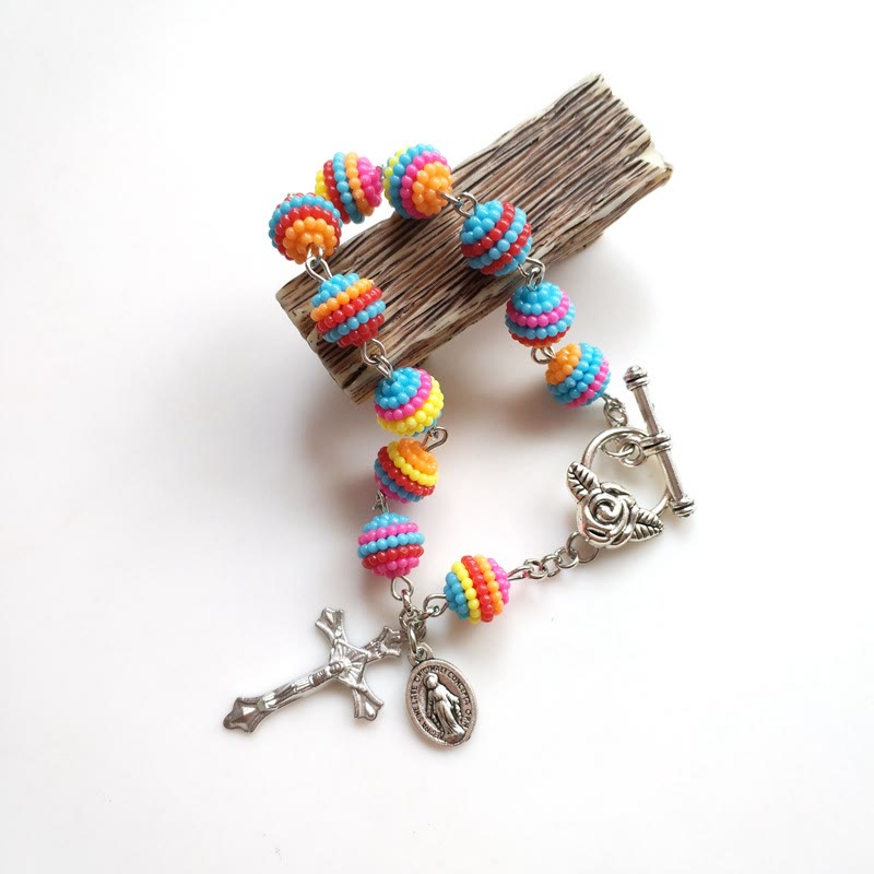 christiandiscipleshop Jesus & Mary Rainbow Beaded Religion Wrist Bracelet