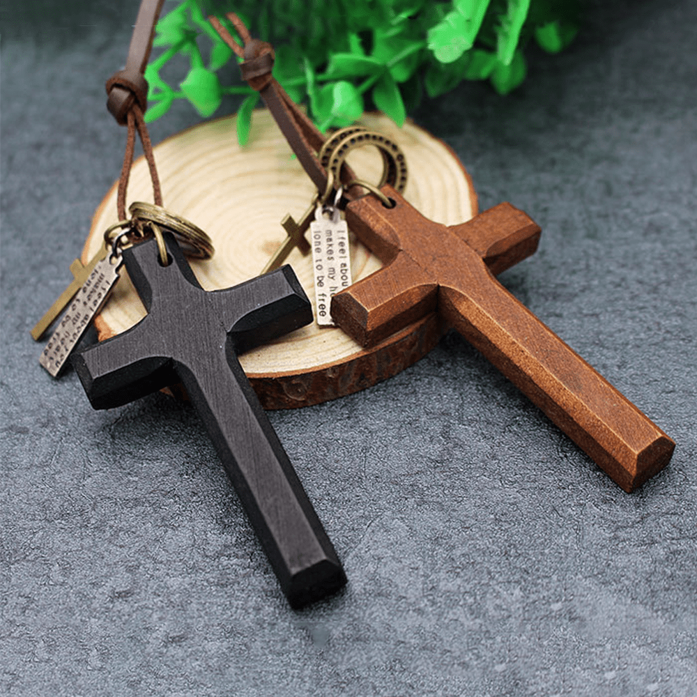 christiandiscipleshop Vintage Wood Cross Adjustable Leather Necklace