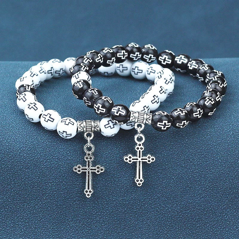Christiandiscipleshop Cross Printed Black & White Bead Bracelet