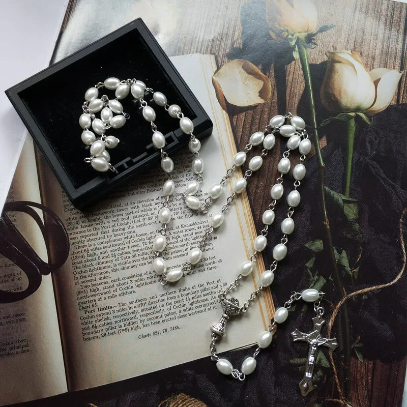 christiandiscipleshop Holy Grail & Crucifix of 6*8 mm Oval White Pearl Alloy Chain Rosary