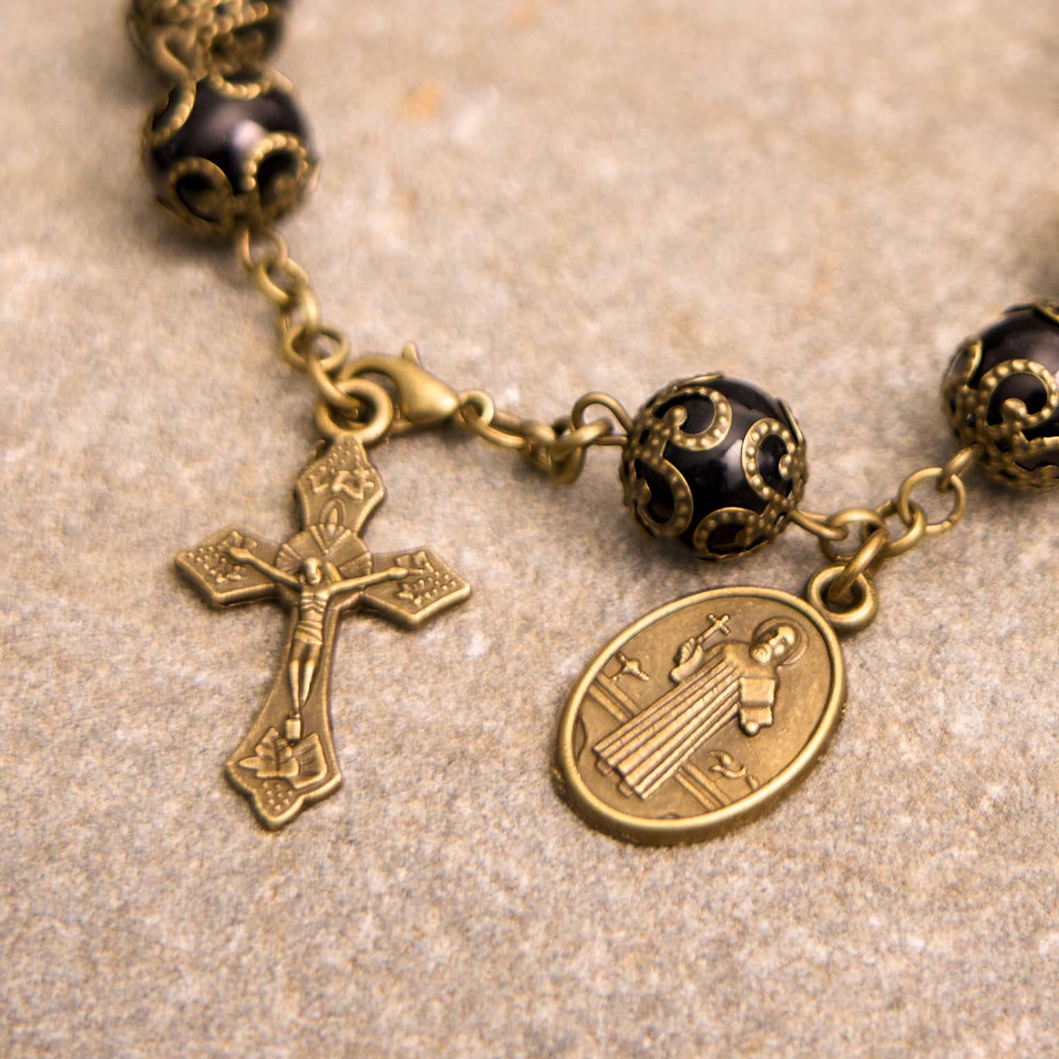 Christiandiscipleshop Crafted Retro Black St. Benedict Medal & Crucifix Rosary Bracelet