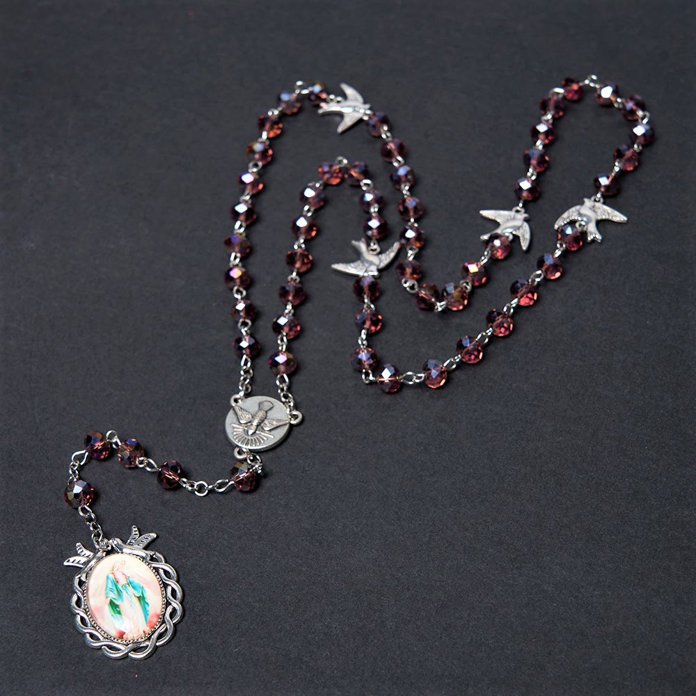 christiandiscipleshop Holy Spirit & Our Lady of Grace of 6*8 mm Polyhedron Purple Crystal Alloy Chain Rosary