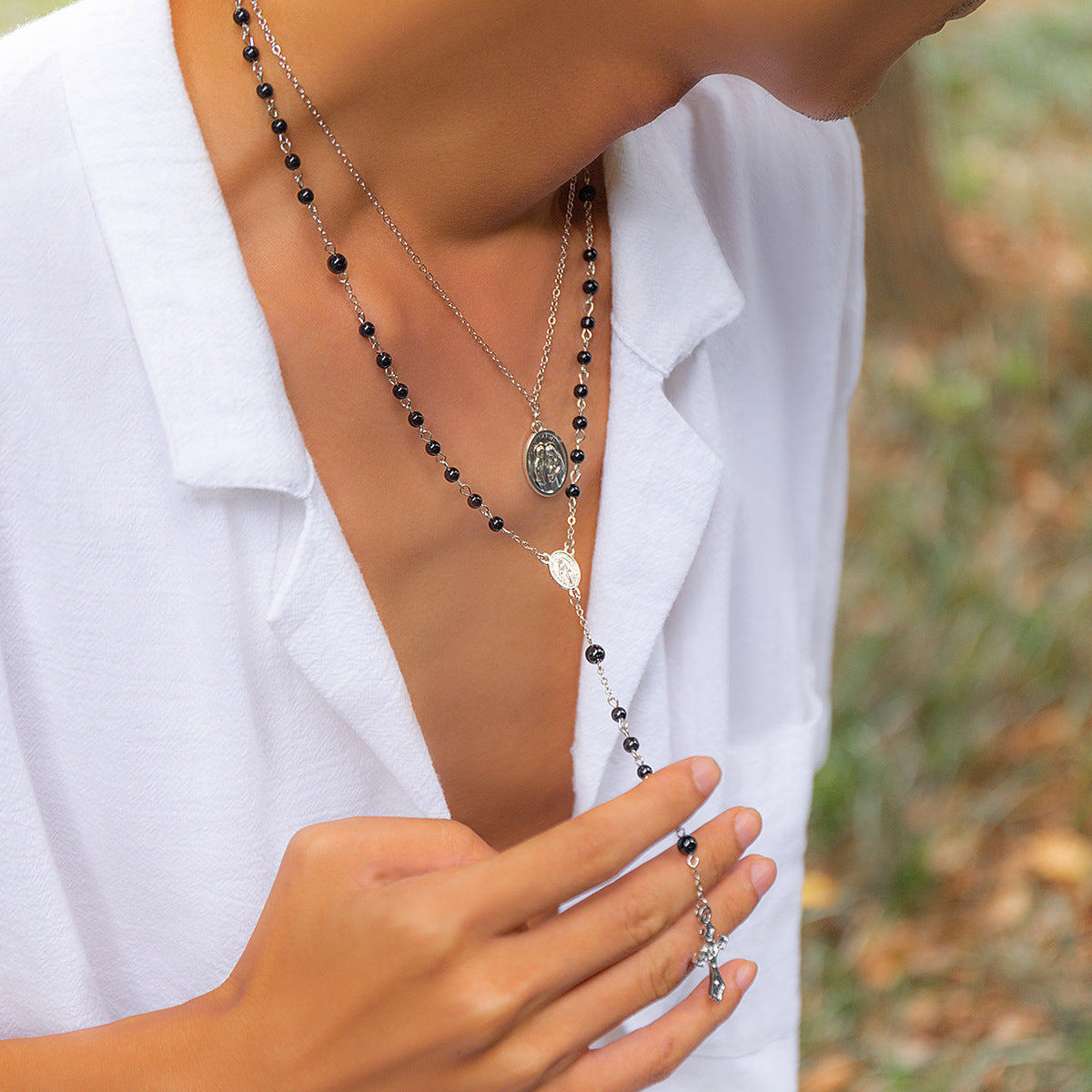 christiandiscipleshop Layered Cross Black Bead Necklace