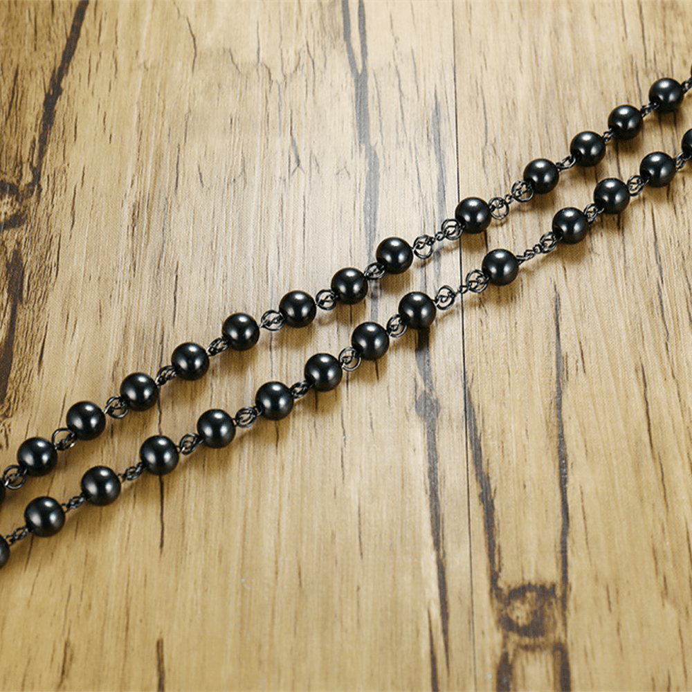 Christiandiscipleshop Our Lady of Grace & Crucifix of 8 mm Round Black Steel Ball Alloy Chain Rosary