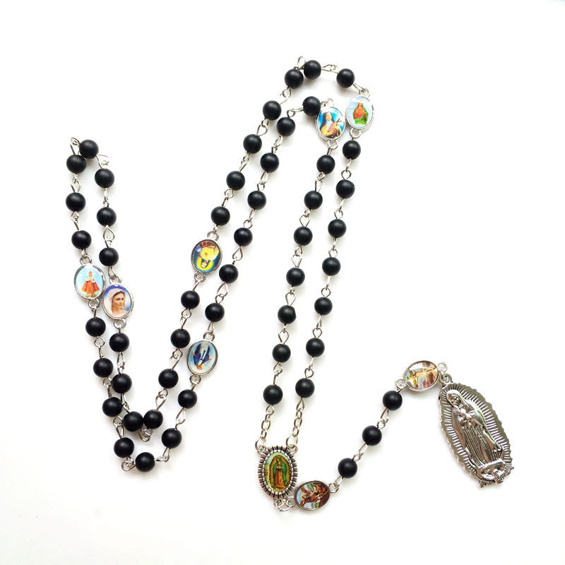 Christiandiscipleshop Our Lady of Guadalupe of 6 mm Round Black Agate Alloy Chain Rosary