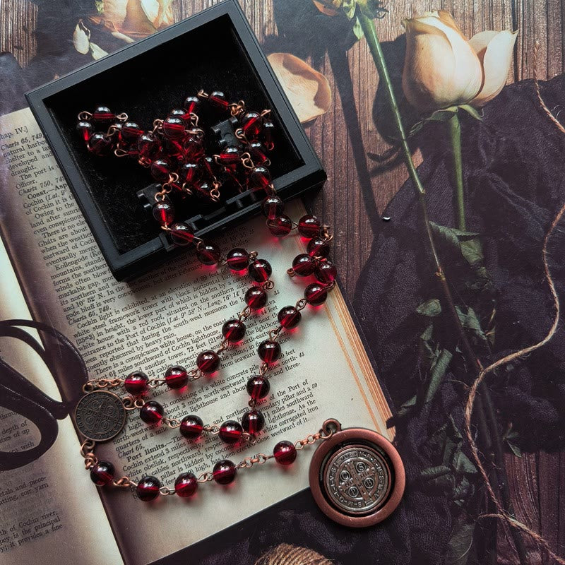 Red Glass Garnet St. Benedict Protection Rosary